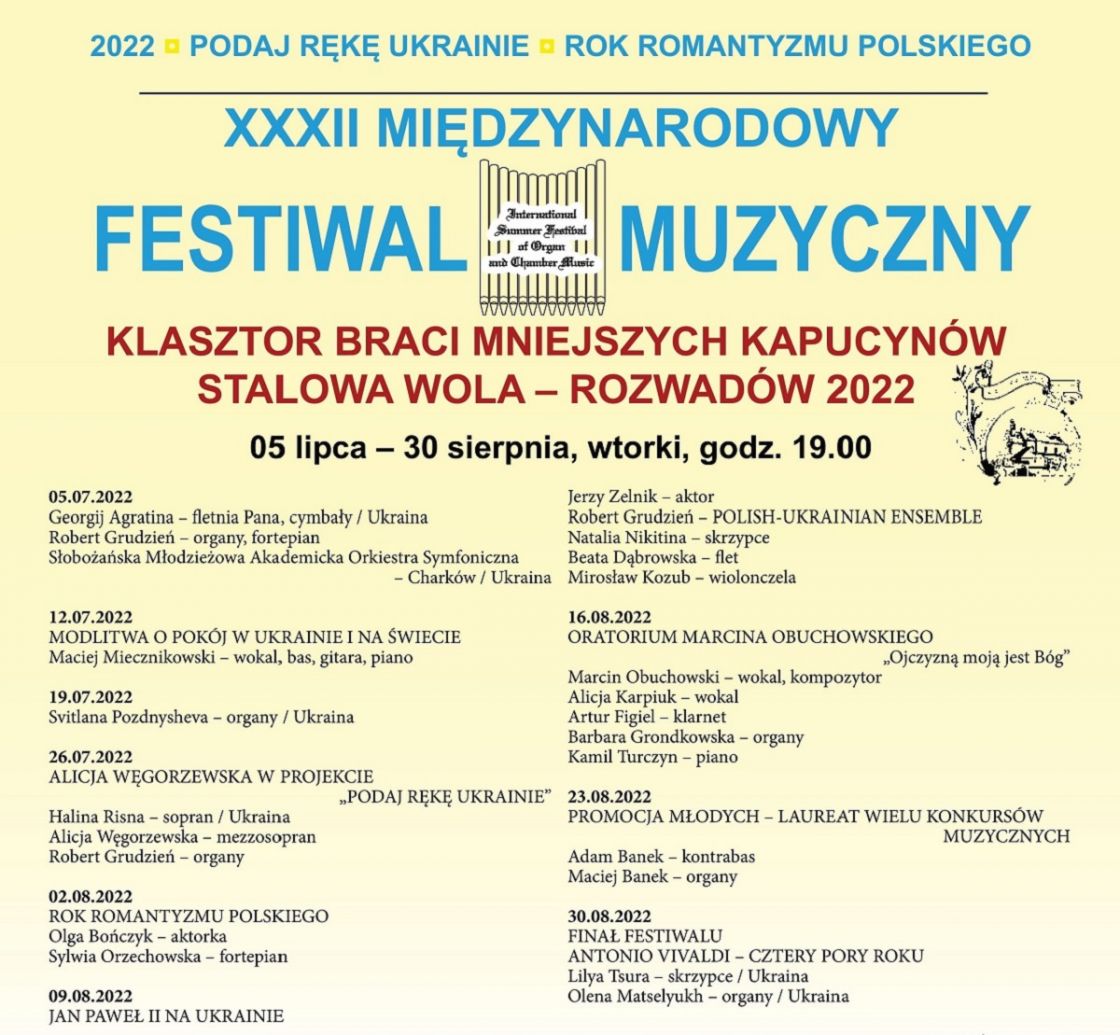 XXXII Międzynarodowy Festiwal Muzyczny Klasztor Braci Mniejszych Kapucynów Stalowa Wola - Rozwadów 2022